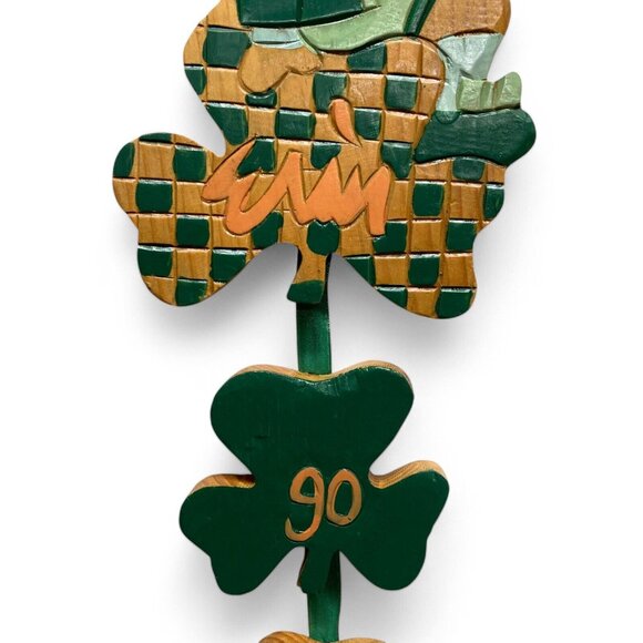 Vintage Handmade Leprechaun‎ & Clover Erin Go Bragh Wooden Sculpture Folk Art - Picture 4 of 7